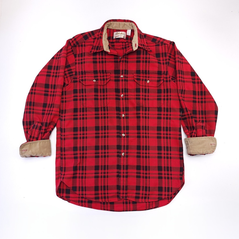 Vintage‎ Cabela's Red Flannel Mens L Button Up Corduroy Trim Hunting Outdoors